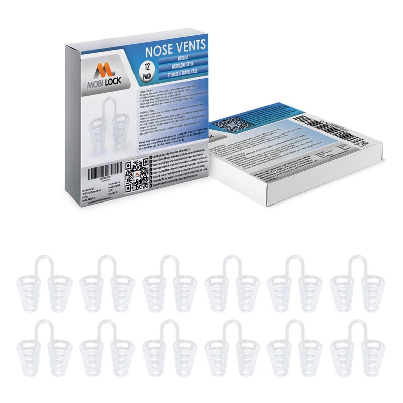 Nose Vent Sinus Relief Dilator (Pack of 12 Medium Size) Hard Cone Vents - A Simple Solution for Nasal Snorers - Reusable Snoring Device to Enjoy a Peaceful Night's Sleep - by Mobi Lock